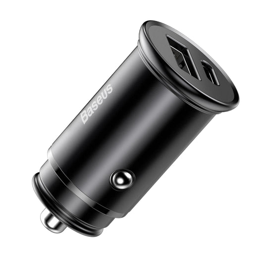 Incarcator Auto Baseus Circular Metal, 30W, 5A, 1 x USB-A - 1 x USB-C, Negru