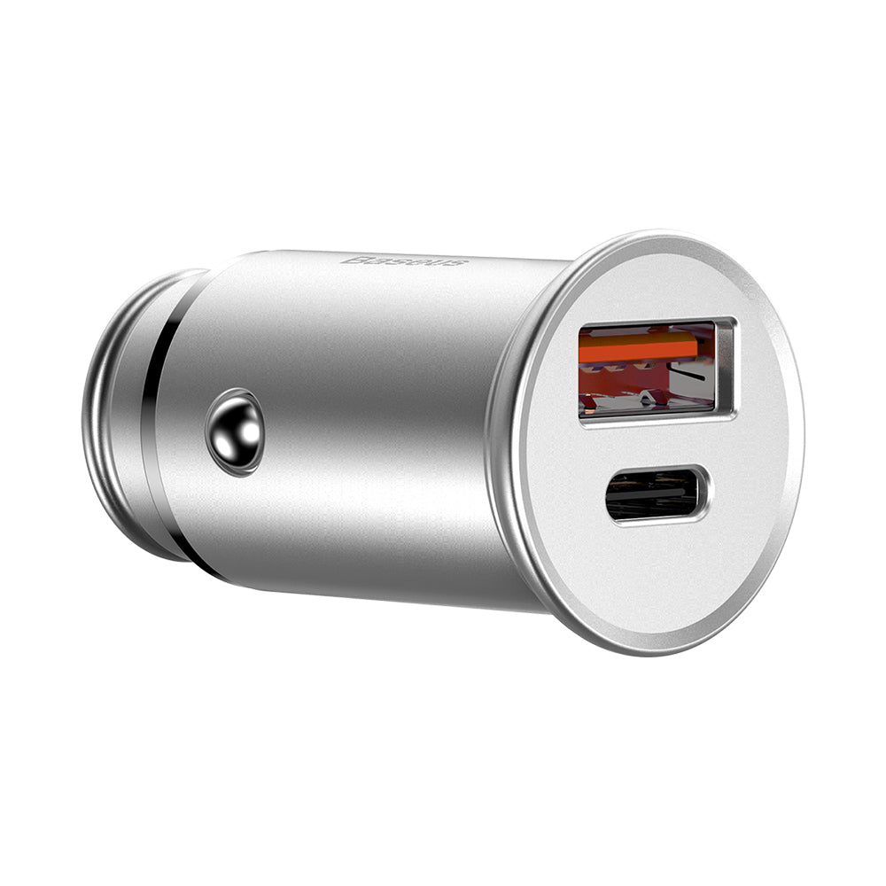 Incarcator Auto Baseus Circular Metal, 30W, 5A, 1 x USB-A - 1 x USB-C, Gri