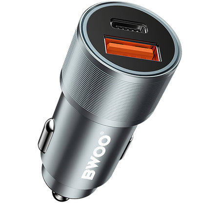 Ładowarka samochodowa BWOO BO-CC73, 38W, 3A, 1 x USB-A - 1 x USB-C, srebrna 