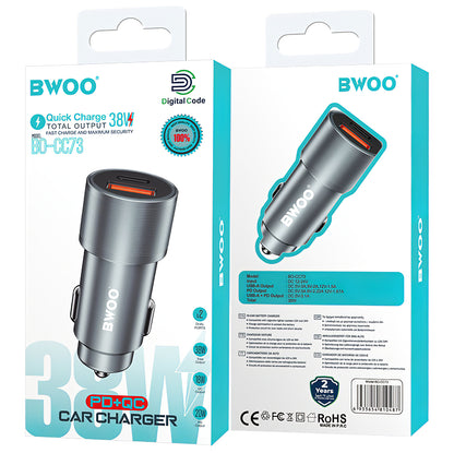 Ładowarka samochodowa BWOO BO-CC73, 38W, 3A, 1 x USB-A - 1 x USB-C, srebrna 