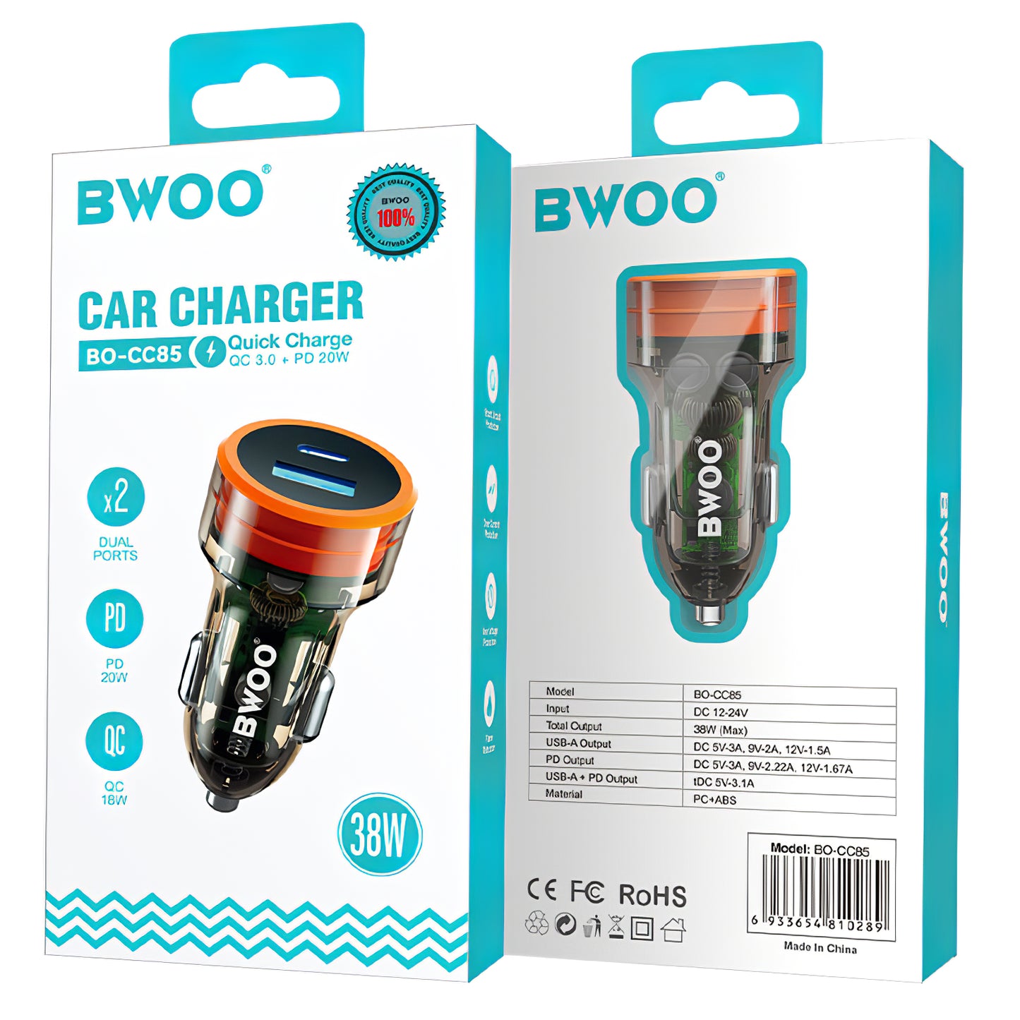 Incarcator Auto BWOO BO-CC85, 38W, 3A, 1 x USB-A - 1 x USB-C, Negru