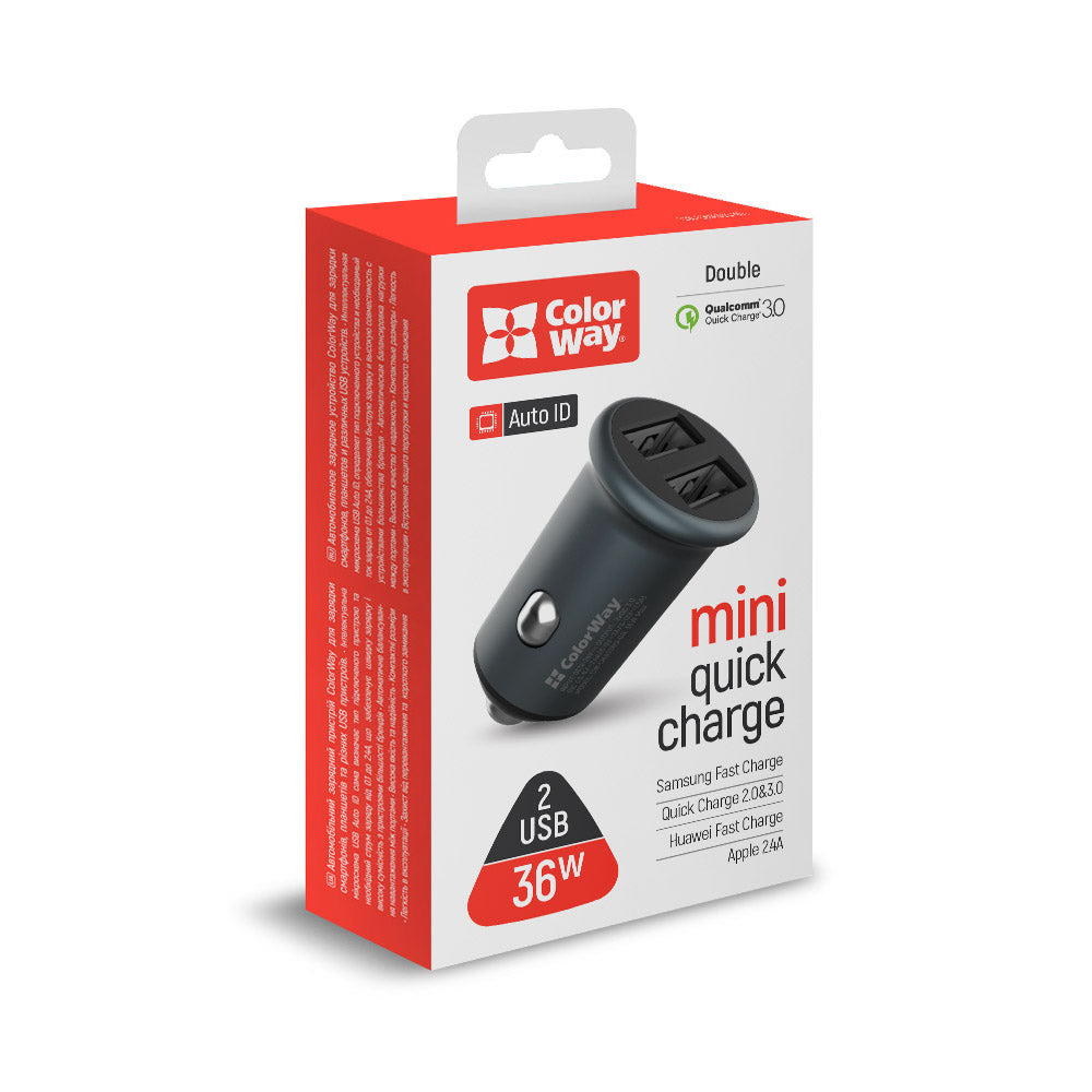 Incarcator Auto ColorWay, 36W, 3A, 2 x USB-A, Gri
