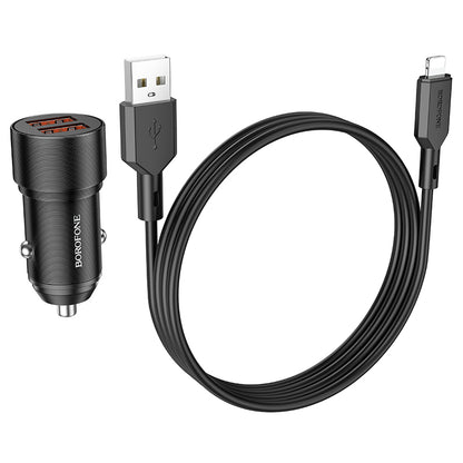 Incarcator Auto Cu Cablu Lightning Borofone BZ19 Wisdom, 12W, 2.4A, 2 x USB-A, Negru