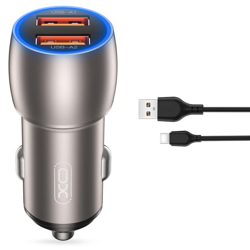 Ładowarka samochodowa z kablem USB-C XO Design CC52, 36 W, 3 A, 2 x USB-A, szara 