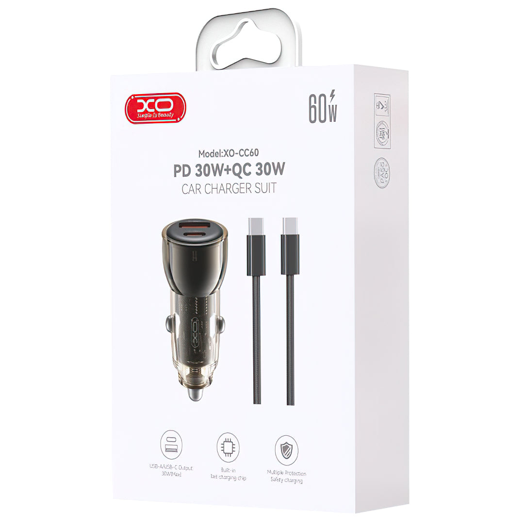 Incarcator Auto Cu Cablu USB-C XO Design CC60, 60W, 3A, 1 x USB-A - 1 x USB-C, Negru