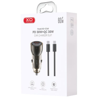 Incarcator Auto Cu Cablu USB-C XO Design CC60, 60W, 3A, 1 x USB-A - 1 x USB-C, Negru