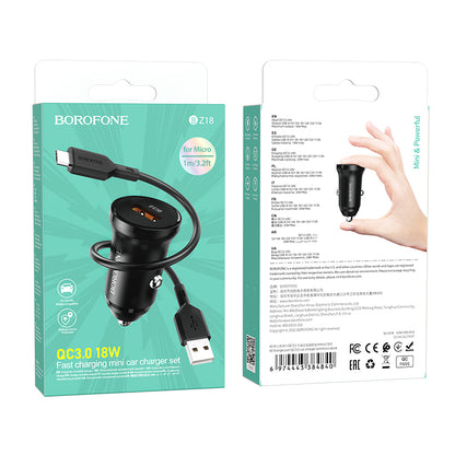 Incarcator Auto Cu Cablu microUSB Borofone BZ18, 18W, 3A, 1 x USB-A, Negru