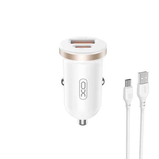 Incarcator Auto Cu Cablu USB-C XO Design CC56, 30W, 3A, 1 x USB-A - 1 x USB-C, Alb