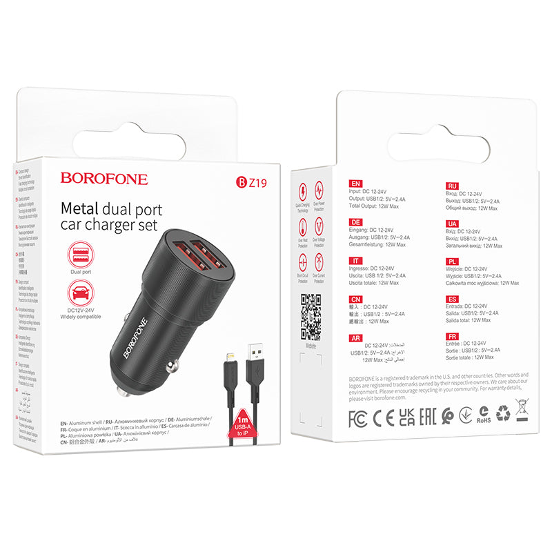 Incarcator Auto Cu Cablu Lightning Borofone BZ19 Wisdom, 12W, 2.4A, 2 x USB-A, Negru