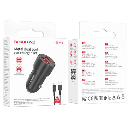 Incarcator Auto Cu Cablu Lightning Borofone BZ19 Wisdom, 12W, 2.4A, 2 x USB-A, Negru