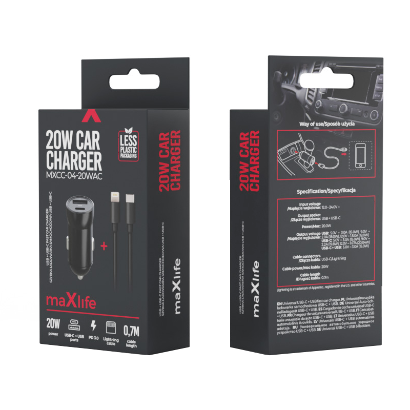 Incarcator Auto Cu Cablu Lightning MaXlife MXCC-04, 20W, 3A, 1 x USB-A - 1 x USB-C, Negru