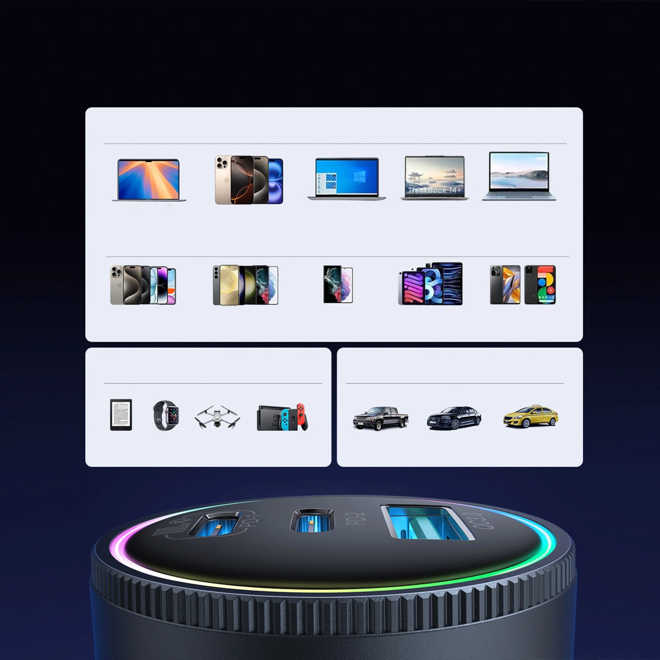 Incarcator Auto Cu Cablu USB-C Joyroom JR-CCN07, 145W, 5A, 1 x USB-A - 2 x USB-C, Gri