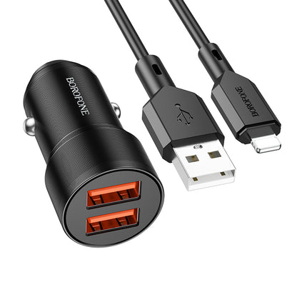 Incarcator Auto Cu Cablu Lightning Borofone BZ19 Wisdom, 12W, 2.4A, 2 x USB-A, Negru