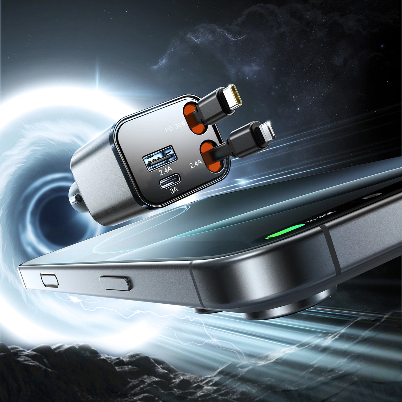 Incarcator Auto Cu Cablu USB-C / Lightning Joyroom JR-CCL05, 30W, 3A, 1 x USB-A - 1 x USB-C, Gri