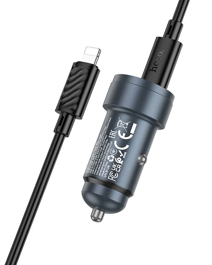 Incarcator Auto Cu Cablu Lightning HOCO Z57A, 30W, 3A, 1 x USB-A - 1 x USB-C, Gri