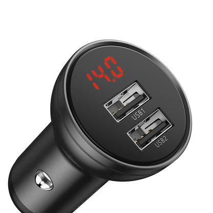 Incarcator Auto Cu Cablu Lightning - microUSB - USB-C Baseus Digital Display, 24W, 2.4A, 2 x USB-A, Gri TZCCBX-0G