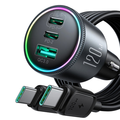 Incarcator Auto Cu Cablu USB-C Joyroom JR-CCN07, 120W, 5A, 1 x USB-A - 2 x USB-C, Negru