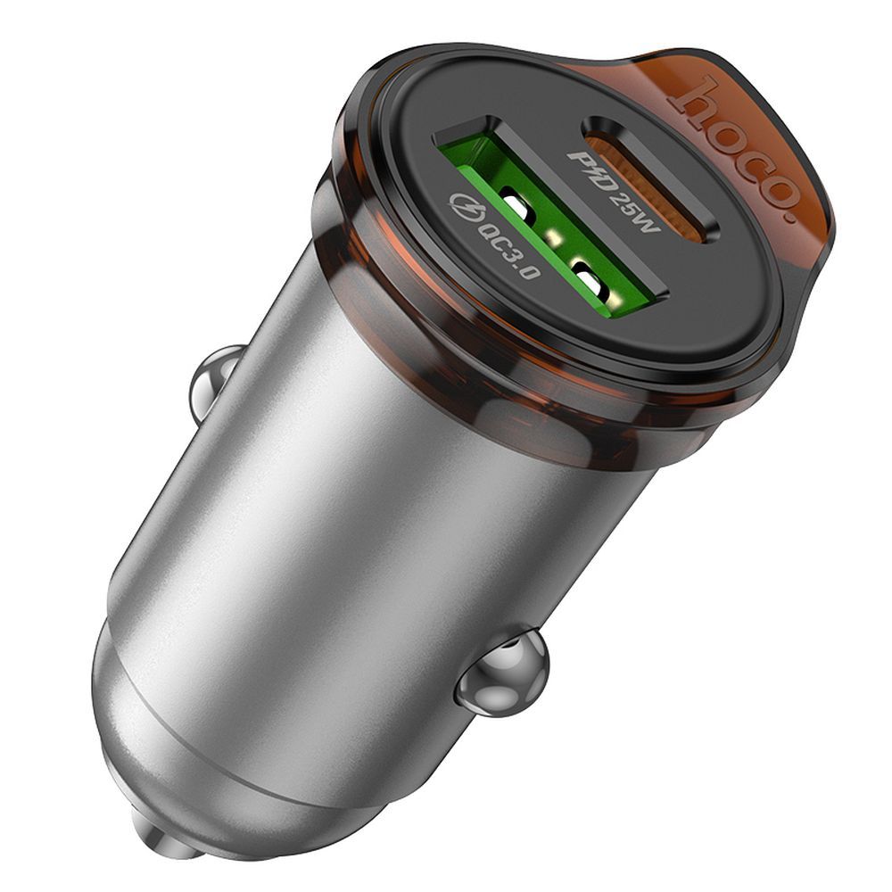 Incarcator Auto Cu Cablu Lightning HOCO NZ16A, 43W, 3A, 1 x USB-A - 1 x USB-C, Gri