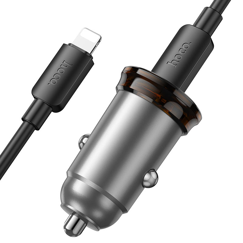 Incarcator Auto Cu Cablu Lightning HOCO NZ16B, 45W, 3A, 2 x USB-C, Gri
