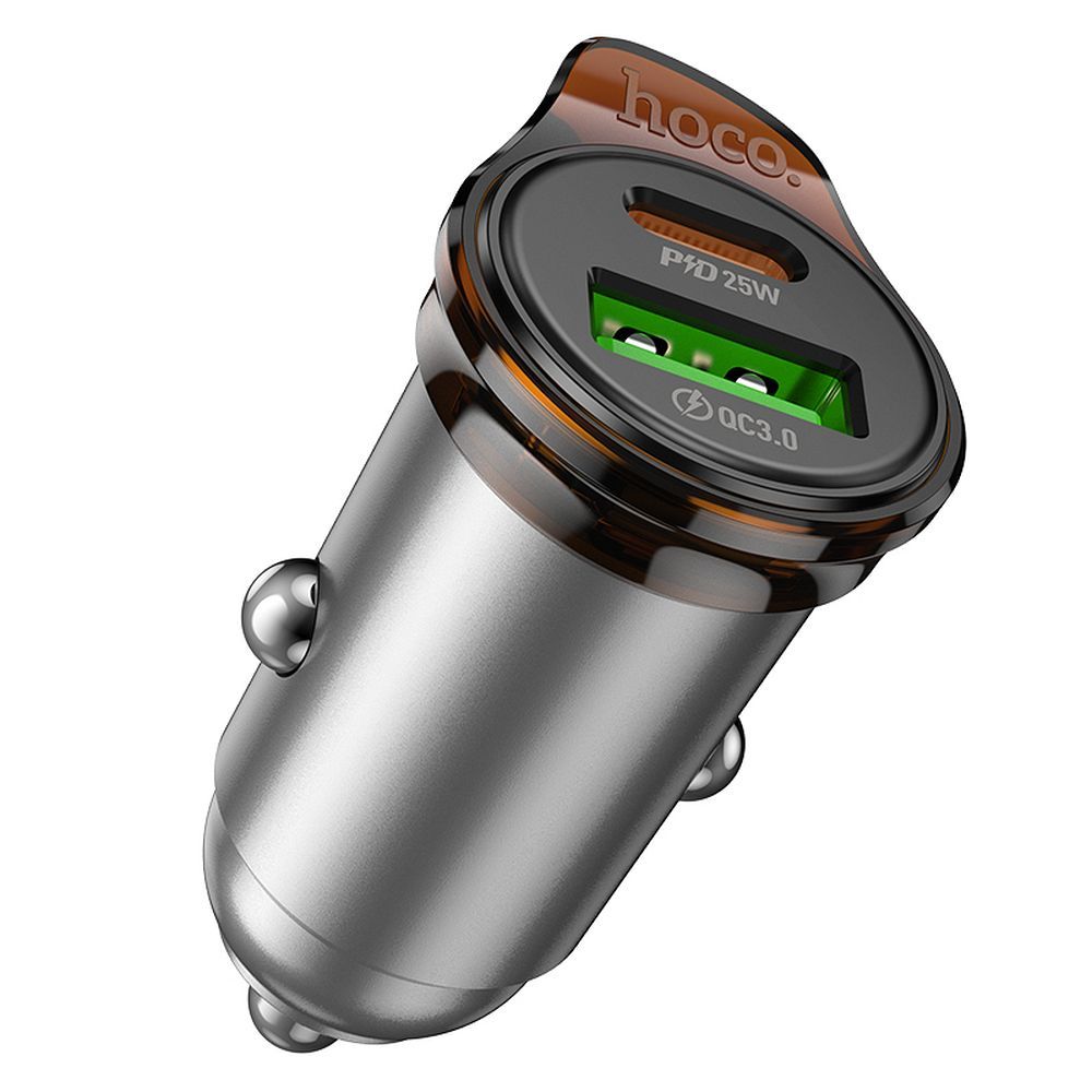 Incarcator Auto Cu Cablu Lightning HOCO NZ16A, 43W, 3A, 1 x USB-A - 1 x USB-C, Gri