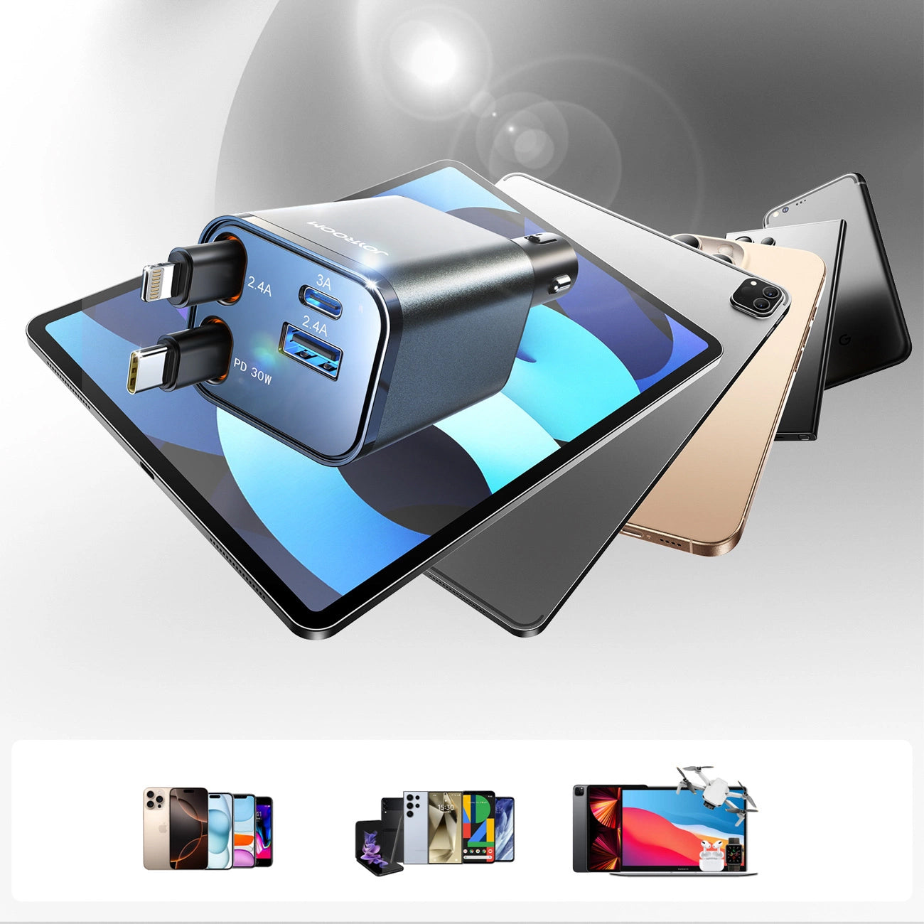 Incarcator Auto Cu Cablu USB-C / Lightning Joyroom JR-CCL05, 30W, 3A, 1 x USB-A - 1 x USB-C, Gri