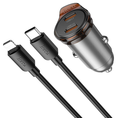Incarcator Auto Cu Cablu Lightning HOCO NZ16B, 45W, 3A, 2 x USB-C, Gri