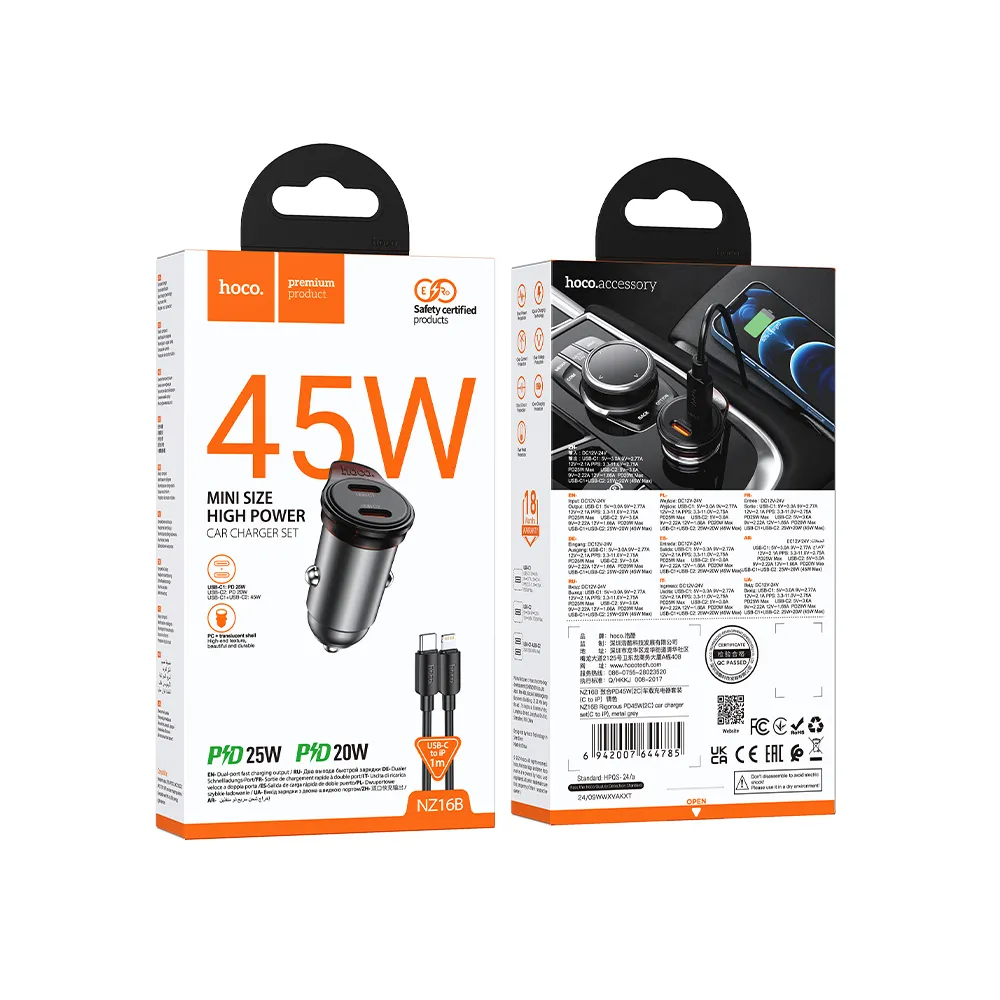 Incarcator Auto Cu Cablu Lightning HOCO NZ16B, 45W, 3A, 2 x USB-C, Gri