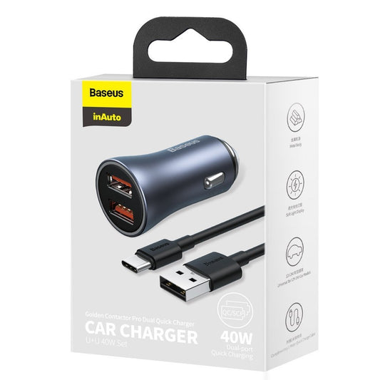 Car Charger with USB-C Cable Baseus Golden Contactor Pro Dual, 40W, 3A, 2 x USB-A, Grey TZCCJD-A0G