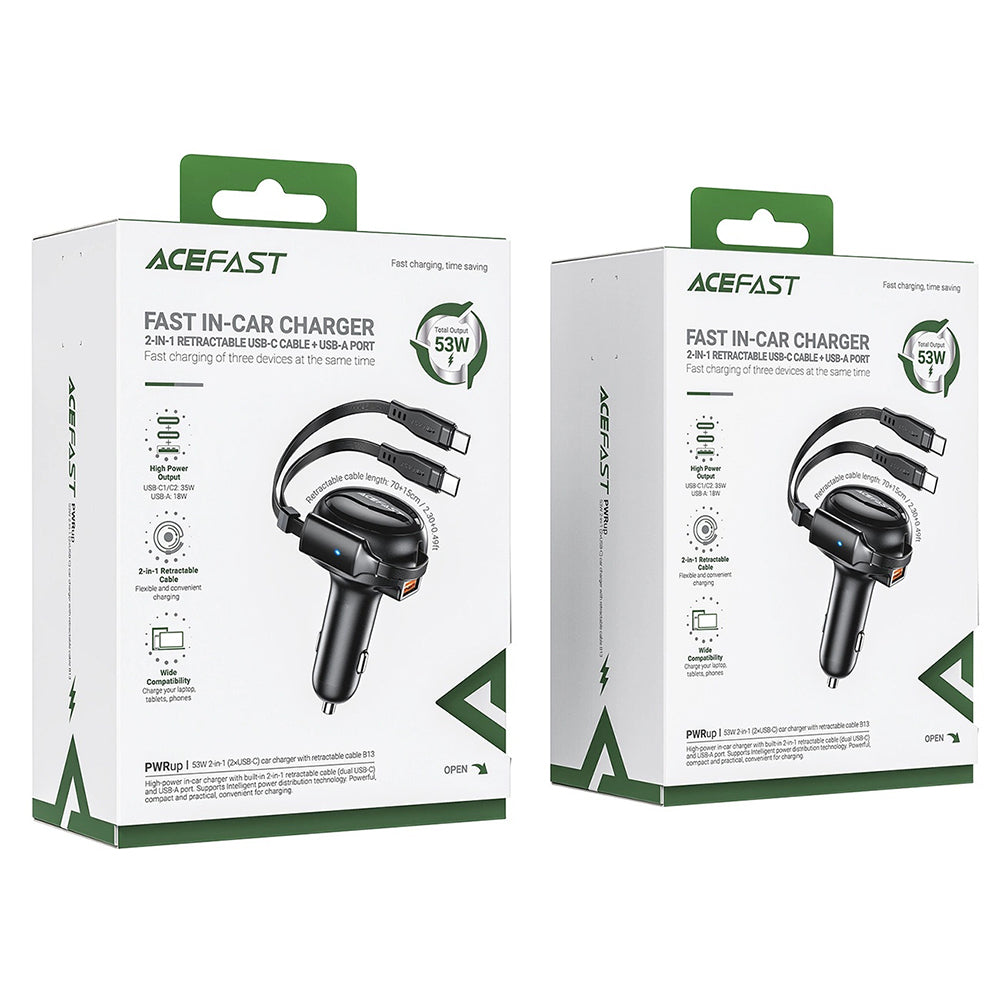 Incarcator Auto Cu Cablu USB-C Acefast B13, 53W, 3A, 1 x USB-A, Negru