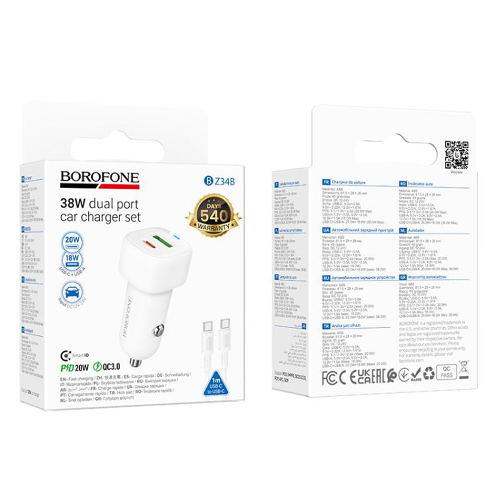 Incarcator Auto Cu Cablu USB-C Borofone BZ34B Cloud, 20W, 3A, 1 x USB-A - 1 x USB-C, Alb