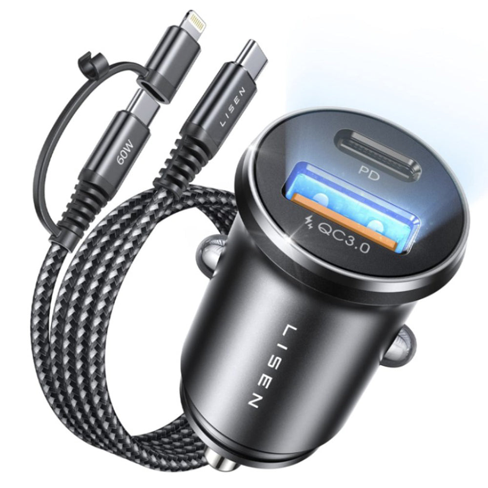 Incarcator Auto Cu Cablu USB-C / Lightning Lisen, 48W, 3A, 1 x USB-A - 1 x USB-C, Negru YL0223080035