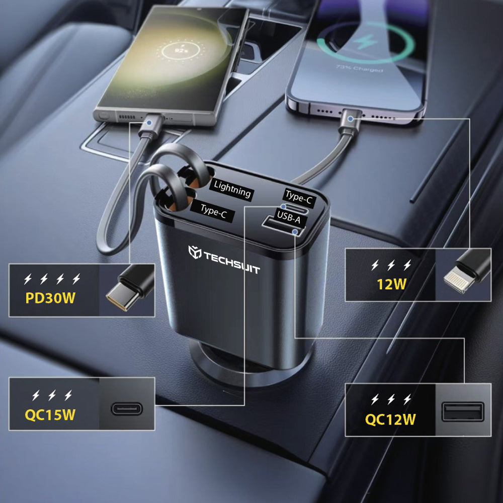 Incarcator Auto Cu Cablu USB-C / Lightning Techsuit C1 NanoVoltX, 69W, 3A, 1 x USB-A - 1 x USB-C, Gri