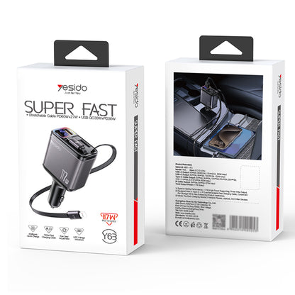 Incarcator Auto Cu Cablu USB-C / Lightning Yesido Y63 Display, 117W, 3A, 1 x USB-A - 1 x USB-C, Gri