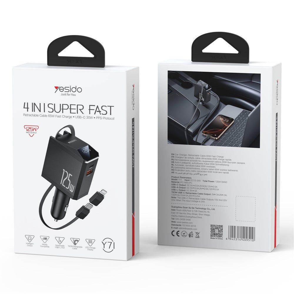 Incarcator Auto Cu Cablu USB-C / Lightning Yesido Y71 Display, 125W, 3A, 1 x USB-A - 1 x USB-C, Negru