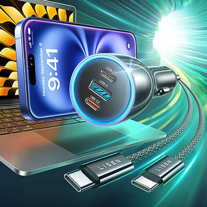 Incarcator Auto Cu Cablu USB-C Lisen, 170W, 5A, 1 x USB-A - 2 x USB-C, Negru YL0225060006