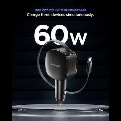 Incarcator Auto Cu Cablu USB-C Spigen EV603BT Essential, 60W, 3A, 1 x USB-A - 1 x USB-C, Negru
