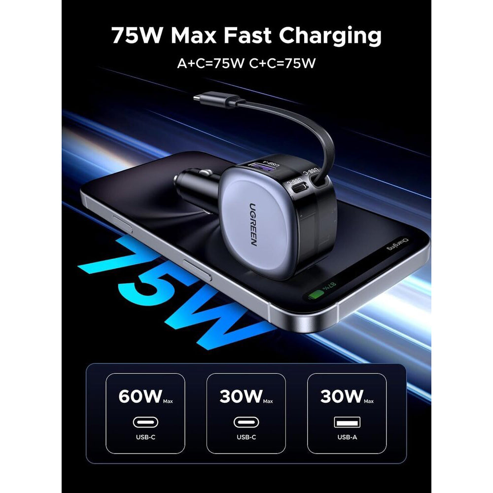 Incarcator Auto Cu Cablu USB-C UGREEN EC601, 75W, 3A, 1 x USB-A - 1 x USB-C, Gri