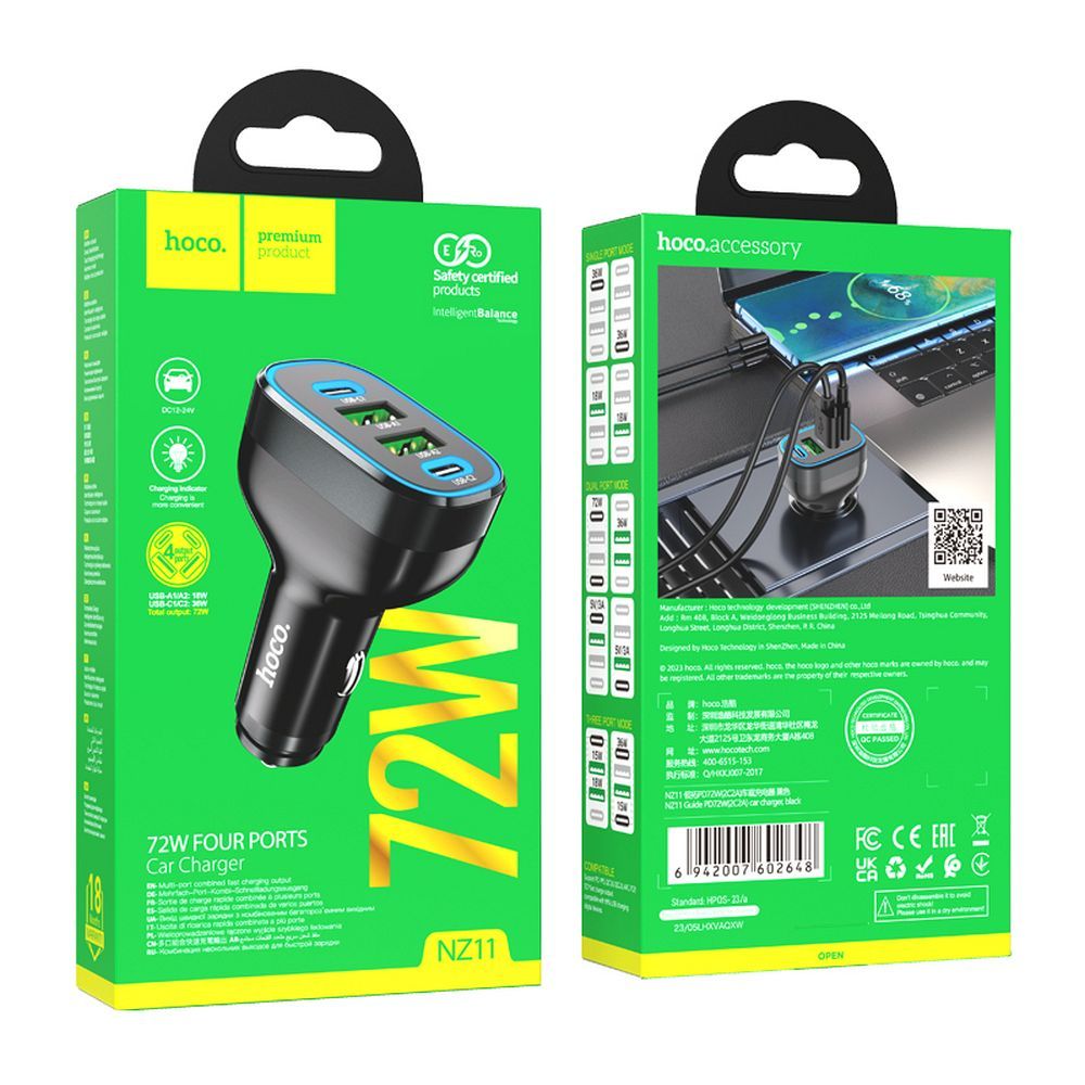 Car Charger HOCO Guide NZ11, 72W, 3A, 2 x USB-A - 2 x USB-C, Black 