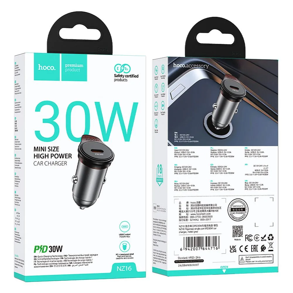 Incarcator Auto HOCO NZ16, 30W, 3A, 1 x USB-C, Gri