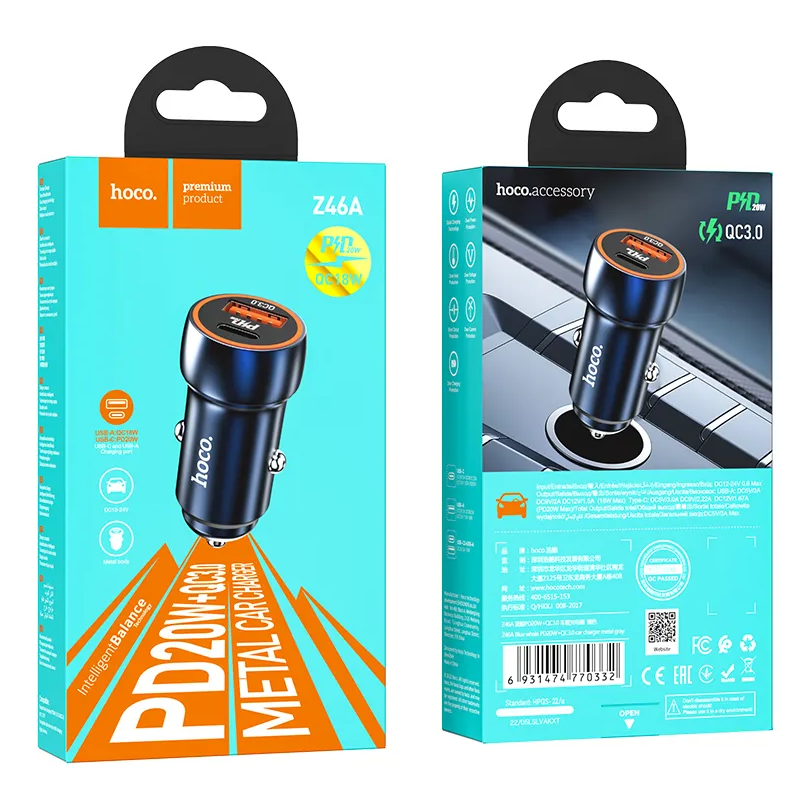 Incarcator Auto HOCO Z46A, 20W, 3A, 1 x USB-A - 1 x USB-C, Albastru