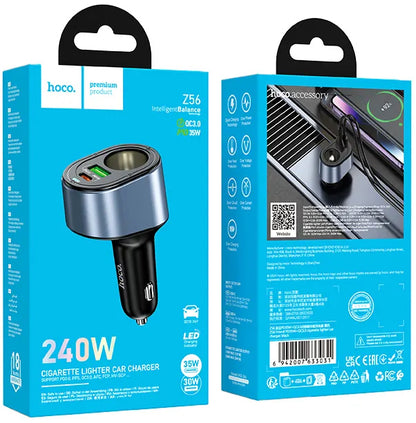 Incarcator Auto HOCO Z56, 35W, 3A, 1 x USB-A - 1 x USB-C - 1 x Extensie Bricheta, Negru