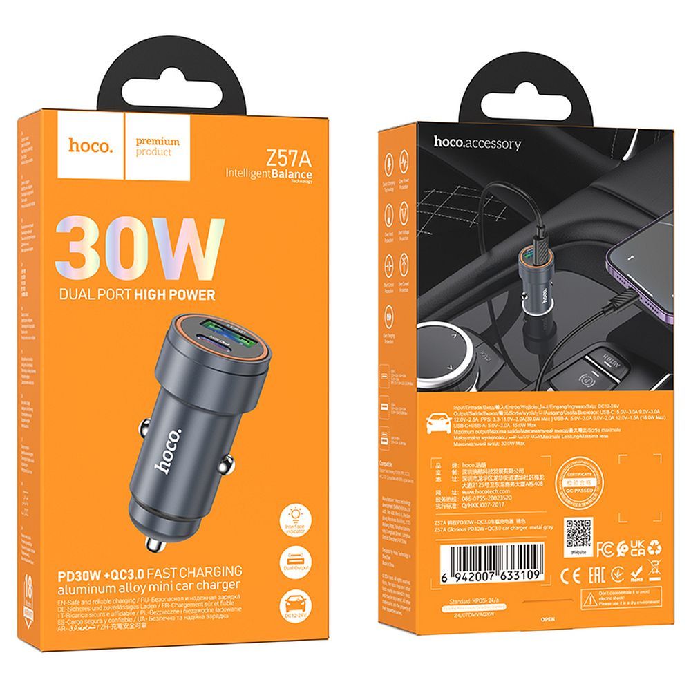 Incarcator Auto HOCO Z57A, 30W, 3A, 1 x USB-A - 1 x USB-C, Gri