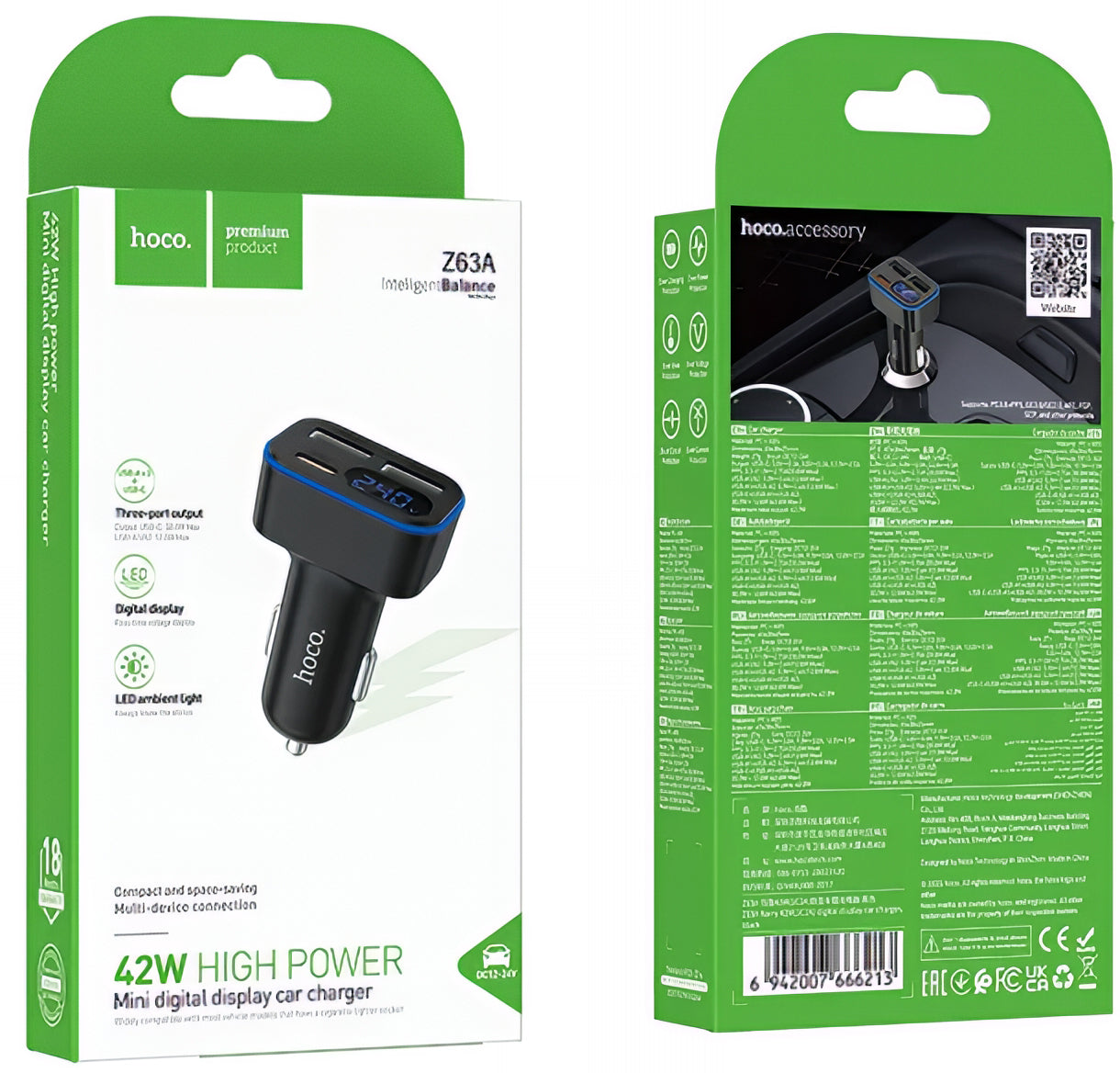 Incarcator Auto HOCO Z63A Display, 42W, 3A, 1 x USB-C - 2 x USB-A, Negru