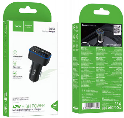 Incarcator Auto HOCO Z63A Display, 42W, 3A, 1 x USB-C - 2 x USB-A, Negru