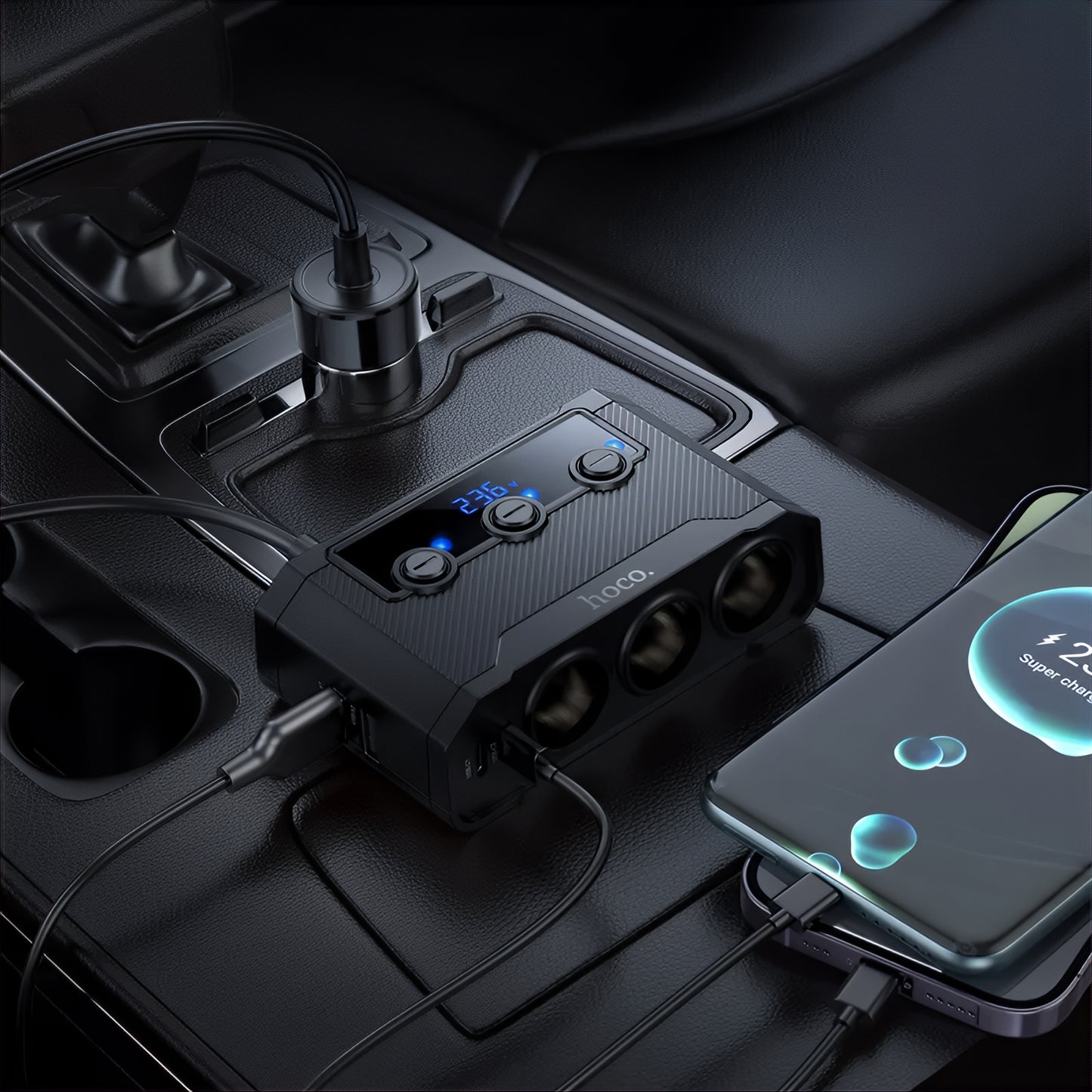 Incarcator Auto HOCO Z64, 15.5W, 3.1A, 2 x USB-A - 2 x USB-C - 3 x Extensie Bricheta, Negru