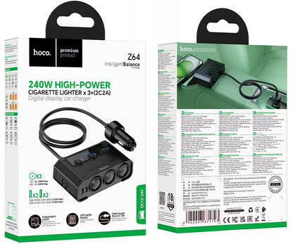 Incarcator Auto HOCO Z64, 15.5W, 3.1A, 2 x USB-A - 2 x USB-C - 3 x Extensie Bricheta, Negru