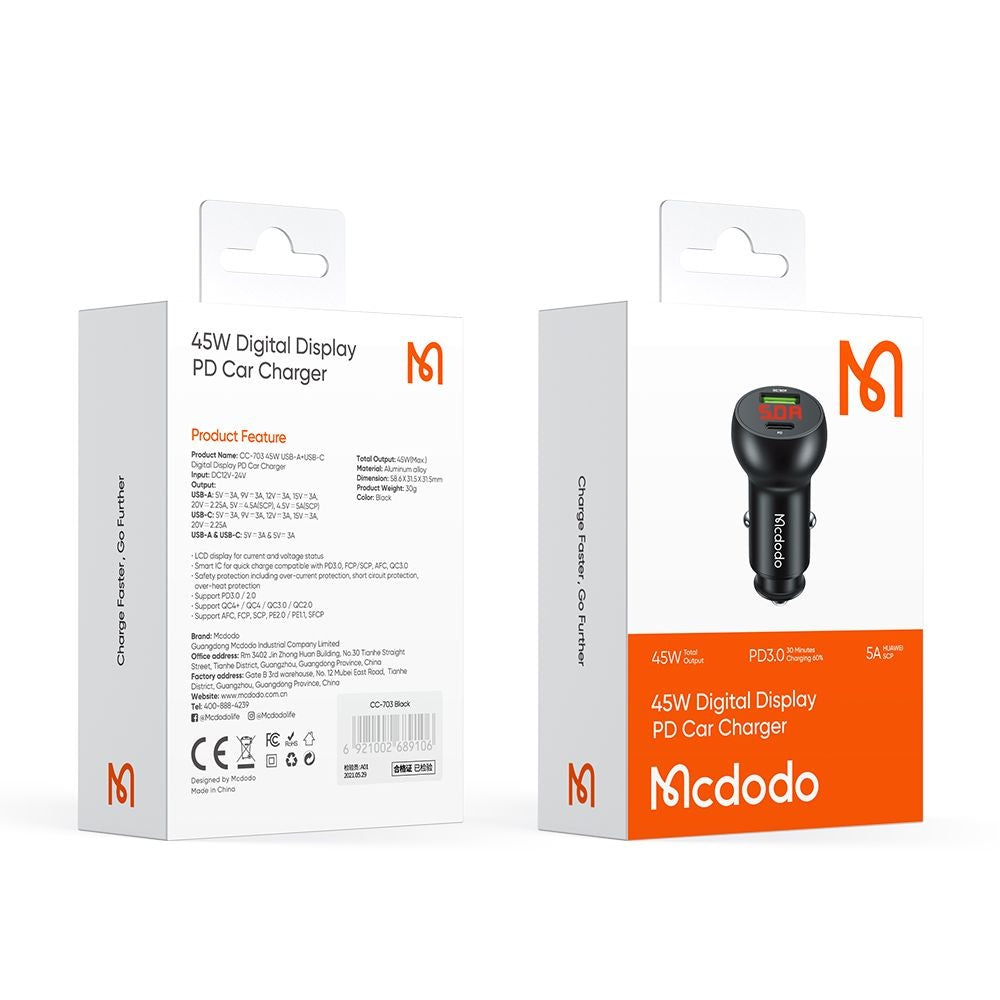Incarcator Auto McDodo CC-7030 Display, 45W, 5A, 1 x USB-A - 1 x USB-C, Negru