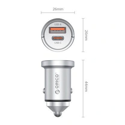 Incarcator Auto Orico MiniRing Pro, 45W, 3A, 1 x USB-A - 1 x USB-C, Argintiu