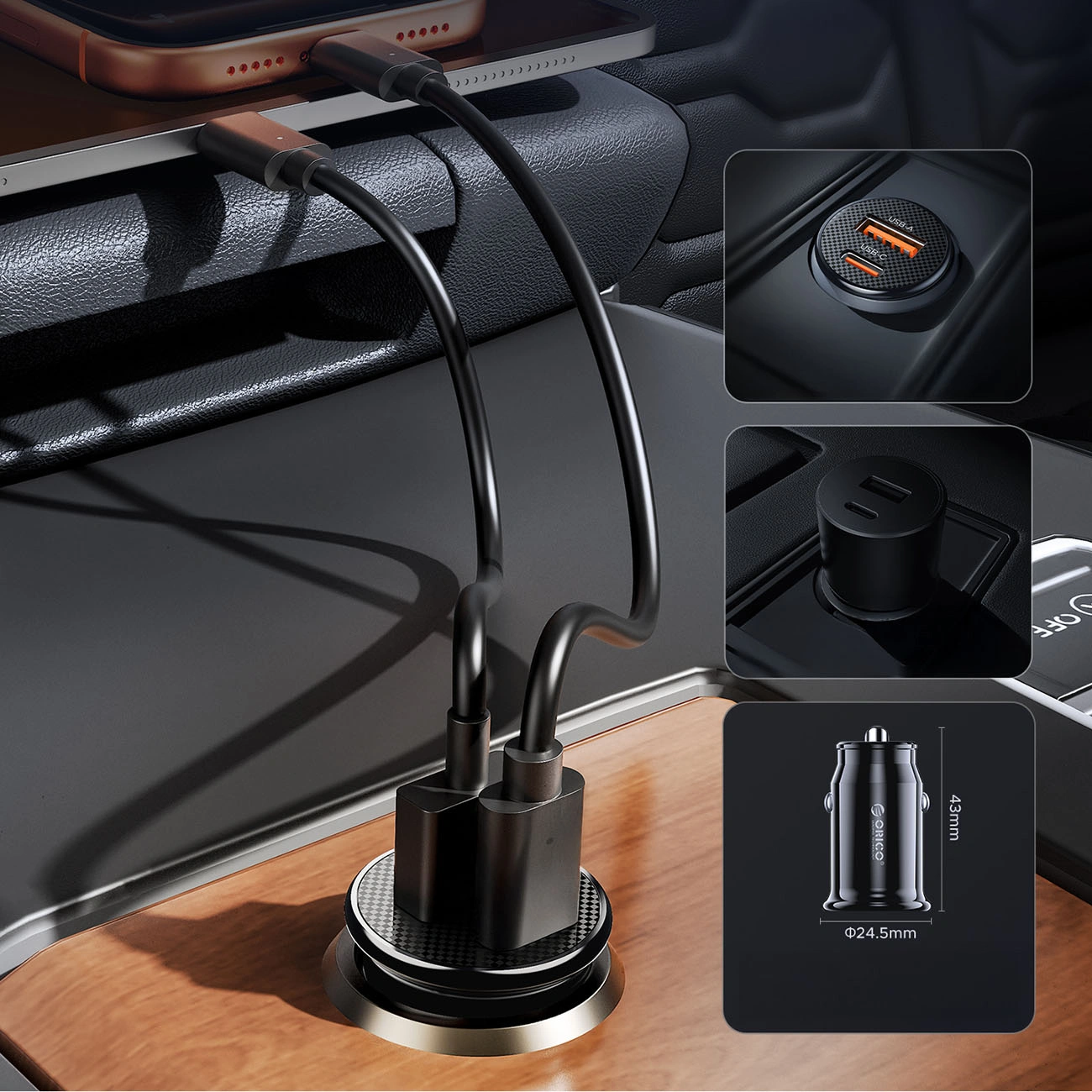 Incarcator Auto Orico PowerMini, 30W, 3A, 1 x USB-A - 1 x USB-C, Negru