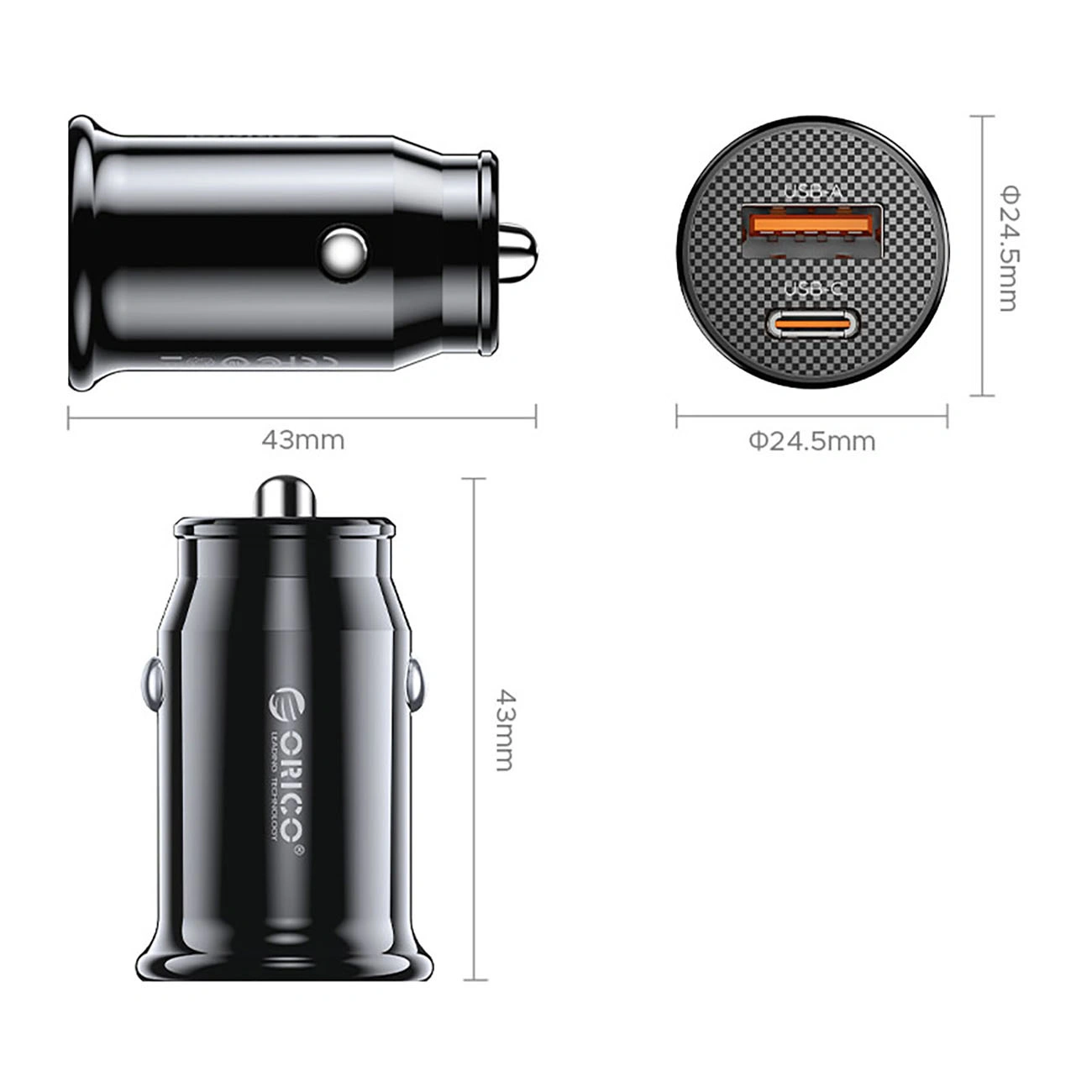 Incarcator Auto Orico PowerMini, 30W, 3A, 1 x USB-A - 1 x USB-C, Negru